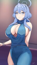 Rule 34 | 1girl, ako (blue archive), ako (dress) (blue archive), bare shoulders, blue archive, blue dress, blue eyes, blue hair, bracelet, breasts, commentary request, cowboy shot, dress, highres, jewelry, large breasts, long hair, sleeveless, sleeveless dress, solo, standing, tacticsalt, thighs