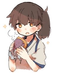 Rule 34 | 1girl, blush, brown eyes, brown hair, commentary request, food, holding, ina (1813576), japanese clothes, kaga (kancolle), kantai collection, kimono, long hair, open mouth, side ponytail, simple background, solo, sparkle, steam, sweet potato, upper body, vegetable, white background, white kimono