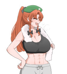Rule 34 | 1girl, abs, absurdres, black bow, black sports bra, bow, braid, breasts, cleavage, green headwear, grey pants, hair bow, hand on own hip, highres, hong meiling, large breasts, mata (matasoup), muscular, muscular female, pants, red hair, smile, solo, sports bra, sportswear, star (symbol), sweatpants, touhou, towel, towel around neck, twin braids, white background