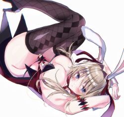 Rule 34 | 1girl, animal ears, argyle clothes, argyle thighhighs, armpits, arms up, black footwear, black panties, black thighhighs, blonde hair, blue eyes, blush, breasts, cleavage, closed mouth, commentary, curvy, detached collar, dutch angle, feet out of frame, floating hair, frown, groin, hair intakes, hair ribbon, hapymaher, hashtag-only commentary, high heels, highres, knees up, large breasts, long hair, looking at viewer, lying, nontraditional playboy bunny, on back, panties, rabbit ears, rabbit girl, red ribbon, ribbon, simple background, solo, thighhighs, thighs, underwear, uumikarinvv, white background, white wrist cuffs, wrist cuffs, yayoi b lutwidge