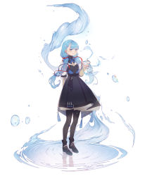 Rule 34 | 1girl, arm behind back, black footwear, black pantyhose, blue eyes, blue hair, blush, bubble, floating, frills, hair ornament, hairclip, highres, long hair, magic, official art, open hand, original, pantyhose, parted lips, reflection, ripples, sleeves past wrists, smile, solo, standing, turtleneck, twintails, water, white background, yioshu