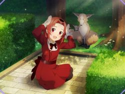 Rule 34 | 1girl, :d, aged down, back bow, black hairband, black pantyhose, bow, child, day, dress, female focus, fox, full body, game cg, hair intakes, hairband, long sleeves, open mouth, outdoors, pantyhose, red bow, red dress, red eyes, red hair, short dress, short hair, smile, solo, sparkle, squatting, sunlight, sword art online, sword art online: alicization, sword art online: alicization rising steel, sword art online: unleashed blading, tiese schtrinen