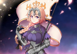 Rule 34 | 1girl, armor, armored dress, banner, black ribbon, blonde hair, blue dress, blue eyes, braid, cherry blossoms, dress, fate/apocrypha, fate (series), gauntlets, hair between eyes, hair ribbon, hanami dango (zzldango), highres, holding, holding weapon, jeanne d&#039;arc (fate), jeanne d&#039;arc (ruler) (fate), long hair, looking at viewer, low-tied long hair, ponytail, ribbon, single braid, smile, solo, sparkle, standing, upper body, very long hair, weapon