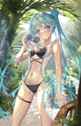 Rule 34 | 1girl, absurdres, arua, bare arms, bikini, black bikini, blue eyes, blue hair, breasts, cleavage, closed mouth, collarbone, day, hair between eyes, hatsune miku, heart, heart-shaped eyewear, highres, holding, holding removed eyewear, innertube, long hair, navel, outdoors, skindentation, small breasts, smile, solo, standing, swim ring, swimsuit, thigh strap, twintails, unworn eyewear, very long hair, vocaloid