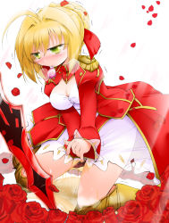 Rule 34 | 1girl, absurdres, aestus estus, ahoge, anbee (arary), armored boots, between legs, blonde hair, blush, boots, braid, breasts, cleavage, closed mouth, coat, dress, embarrassed, epaulettes, fate/extra, fate (series), female focus, flower, french braid, green eyes, hair bun, hair intakes, half-closed eyes, hand between legs, have to pee, highres, juliet sleeves, knee boots, kneeling, long sleeves, mouth hold, nero claudius (fate), nero claudius (fate) (all), nero claudius (fate/extra), nose blush, peeing, peeing self, petals, planted, planted sword, planted weapon, puddle, puffy sleeves, red coat, red flower, red rose, rose, see-through, short hair, simple background, single hair bun, solo, steam, sword, tears, trembling, v arms, wavy mouth, weapon, wet, wet clothes, white background, white dress, yellow footwear