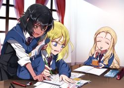 Rule 34 | 10s, 3girls, andou (girls und panzer), angry, bad id, bad twitter id, bc freedom school uniform, black hair, black skirt, black vest, blonde hair, blue neckwear, blue sweater, book, brown eyes, cake, cardigan, closed eyes, closed mouth, commentary request, curtains, dark-skinned female, dark skin, dress shirt, drill hair, eating, eraser, fang, food, fork, frown, girls und panzer, holding, holding book, holding food, homework, indoors, long hair, long sleeves, marie (girls und panzer), mechanical pencil, medium hair, miniskirt, multicolored neckwear, multiple girls, necktie, notebook, open mouth, oshida (girls und panzer), paper, pen, pencil, plate, pleated skirt, red neckwear, school uniform, shirt, shutou mq, sitting, skirt, smile, standing, striped neckwear, sweatdrop, sweater, sweater around neck, table, v-shaped eyebrows, vest, white shirt, wing collar