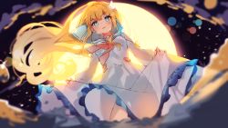 Rule 34 | 1girl, blonde hair, blue eyes, blue sailor collar, blurry, blurry foreground, blush, breasts, cheli (kso1564), commentary request, depth of field, dress, floating hair, frilled dress, frills, full moon, highres, leaning to the side, long hair, long sleeves, moon, original, parted lips, puffy long sleeves, puffy sleeves, sailor collar, skirt hold, small breasts, solo, very long hair, white dress
