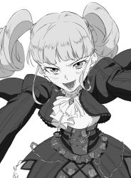 Rule 34 | 1girl, :d, aikatsu!, aikatsu! (series), ascot, blush, corset, drill hair, earrings, fangs, greyscale, highres, jewelry, juliet sleeves, long sleeves, looking at viewer, monochrome, open mouth, osame, puffy sleeves, simple background, skirt, smile, solo, todo yurika, twin drills, twintails, white background
