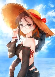 Rule 34 | 1girl, adjusting eyewear, bad id, bad pixiv id, bare shoulders, black dress, blue sky, blush, bow, braid, breasts, brown eyes, brown hair, brown hat, closed mouth, cloud, cloudy sky, commentary request, day, dress, fate/grand order, fate (series), glasses, grey-framed eyewear, hand up, hat, hat bow, horizon, long hair, long sleeves, looking at viewer, looking to the side, medium breasts, nasii, ocean, outdoors, red bow, ribbon-trimmed sleeves, ribbon trim, sideboob, single braid, sky, smile, solo, straw hat, very long hair, water, wide sleeves, yu mei-ren (fate), yu mei-ren (festival outfit) (fate)