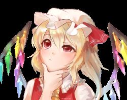 Rule 34 | 1girl, animated, animated gif, artist name, ascot, blinking, blonde hair, bow, stroking own chin, crystal, flandre scarlet, hair between eyes, hand on own chin, hat, hat bow, mob cap, non-web source, puffy short sleeves, puffy sleeves, red eyes, reddverse, short sleeves, side ponytail, signature, sketch, solo, thinking, touhou, transparent background, wings