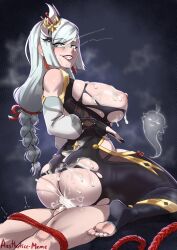 Rule 34 | 1girl, absurdres, aestheticc-meme, aether (genshin impact), ass, black gloves, blue eyes, bodysuit, braid, breasts, clothing cutout, cowgirl position, cum, cum in pussy, earrings, genshin impact, girl on top, gloves, grey hair, hair ornament, hair over one eye, hetero, highres, hip vent, jewelry, large breasts, long hair, looking at viewer, low-braided long hair, low-tied long hair, motion lines, penis, sex, shenhe (genshin impact), solo, straddling, very long hair, white hair