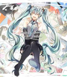 Rule 34 | 1925 (vocaloid), 1girl, ^ ^, bare shoulders, between legs, black footwear, black hair, black skirt, black sleeves, blue eyes, blue hair, blue necktie, boots, breasts, character name, closed eyes, collared shirt, commentary, dated, detached sleeves, doremifa rondo (vocaloid), facing viewer, full body, grey shirt, hair between eyes, hand between legs, happy birthday, hatsune miku, highres, leaning to the side, long hair, long sleeves, magical mirai (vocaloid), magical mirai miku, magical mirai miku (2023), multicolored hair, musunde hiraite rasetsu to mukuro (vocaloid), necktie, pleated skirt, red eyes, red hair, senbonzakura (vocaloid), shirt, shoe soles, skirt, sleeveless, sleeveless shirt, small breasts, solo, song request, songover, streaked hair, suna no wakusei (vocaloid), thigh boots, twintails, umigumo yuuna, vampire (vocaloid), very long hair, vocaloid, world is mine (vocaloid)