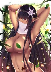 Rule 34 | 1girl, absurdres, arched back, armpits, arms behind head, arms up, blunt bangs, blush, breasts, bright pupils, censored, censored nipples, collarbone, convenient censoring, dark-skinned female, dark elf, dark skin, day, elf, facial tattoo, flower, hair flower, hair ornament, hair over shoulder, highres, hip focus, large breasts, leaf, leaf censor, long hair, looking at viewer, mole, mole under eye, navel, nude, original, otono fei, parted lips, pointy ears, red eyes, ringed eyes, seductive smile, see-through, smile, solo, sparkle, stomach, stomach tattoo, sunlight, tattoo, upper body, veil, very long hair, white pupils