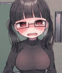 Rule 34 | 1girl, black hair, blunt bangs, blurry, blurry background, blush, breasts, character request, glasses, large breasts, long hair, looking at viewer, open mouth, red eyes, semi-rimless eyewear, sharp teeth, shinigami dot com, solo, sweater, teeth, turtleneck, turtleneck sweater, twintails, upper body, yasashii naizou