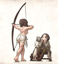 Rule 34 | 2girls, archery, arrow (projectile), back, barefoot, bloomers, blush, bow (weapon), braid, breasts, brown eyes, brown hair, brown leggings, clothed female nude female, commentary, drawing bow, english commentary, flora sister (ironlily), front twin braids sister (ironlily), full body, hair ornament, head rest, highres, holding, holding bow (weapon), holding weapon, ironlily, leggings, looking at another, low twin braids, medium breasts, medium hair, multiple girls, muscular, muscular female, nude, ordo mediare sisters (ironlily), quiver, sideboob, sitting, topless, twin braids, underwear, weapon, x hair ornament, yuri