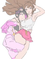 2girls arm_around_waist armpits bare_legs black_bra black_hair bra breasts brown_eyes brown_hair cleavage d_sugama dolphin_shorts fatal_fury han_juri highres multicolored_hair multiple_girls official_alternate_costume onesie open_pajamas pajamas purple_hair red_shorts shiranui_mai shirt_tucked_in short_shorts shorts streaked_hair street_fighter street_fighter_6 tank_top underwear