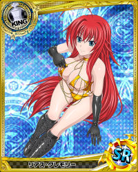 Rule 34 | 10s, 1girl, ahoge, blue eyes, breasts, card (medium), character name, chess piece, cleavage, covered erect nipples, female focus, gloves, high school dxd, king (chess), large breasts, long hair, looking at viewer, official art, red hair, rias gremory, sideboob, smile, solo, torn clothes, trading card