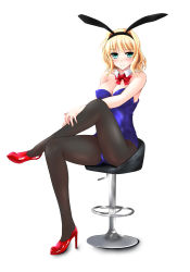Rule 34 | 1girl, alice margatroid, animal ears, aqua eyes, bare arms, blush, bow, bowtie, rabbit ears, chair, collar, fake animal ears, full body, headband, high heels, highres, looking at viewer, pantyhose, playboy bunny, red footwear, shoes, simple background, sitting, smile, solo, touhou, white background, yumi (careca398)