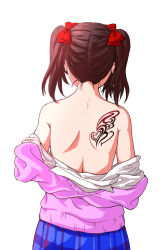 Rule 34 | 1girl, back, back focus, back tattoo, bad id, bad pixiv id, bare back, bare shoulders, black hair, blue skirt, bow, cardigan, commentary request, dress shirt, from behind, hair bow, hair ornament, hands up, long sleeves, love live!, love live! school idol project, otonokizaka school uniform, pink cardigan, plaid, plaid skirt, pleated skirt, rakisutakonakona, red bow, school uniform, shirt, shirt down, short hair, shoulder blades, simple background, skirt, solo, standing, tattoo, twintails, white background, white shirt, yazawa nico