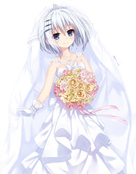 Rule 34 | 1girl, absurdres, artist name, bare shoulders, blue eyes, blush, bouquet, breasts, bridal veil, collarbone, commentary request, date a live, diadem, dress, flower, gloves, hair between eyes, highres, holding, holding bouquet, looking at viewer, neps-l, short hair, silver hair, simple background, small breasts, smile, solo, tobiichi origami, veil, wedding dress, white background, white dress, white gloves