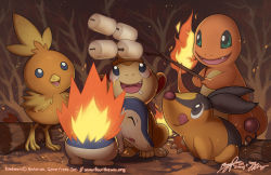 Rule 34 | autumn, bird, blue eyes, brown eyes, brown theme, charmander, chimchar, creature, creatures (company), cyndaquil, closed eyes, fang, fiery tail, finni chang, fire, flame-tipped tail, food, game freak, gen 1 pokemon, gen 2 pokemon, gen 3 pokemon, gen 4 pokemon, gen 5 pokemon, grey eyes, holding, looking up, marshmallow, mundane utility, nature, nintendo, no humans, orange theme, outdoors, pokemon, pokemon (creature), standing, stick, tail, tepig, tongue, tongue out, torchic, zimmay