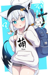 Rule 34 | 1girl, :o, aged down, ahoge, alternate costume, animal ear fluff, animal ears, aqua eyes, backpack, bag, black hairband, blue background, blue bag, blush, border, earrings, fox ears, fox girl, fox tail, grey shorts, hachiman tanuki, hairband, highres, hololive, hood, hoodie, in bag, in container, jewelry, long hair, long sleeves, looking at viewer, low twintails, parted lips, pentagram, shirakami fubuki, shorts, sidelocks, simple background, single earring, solo, sukonbu (shirakami fubuki), tail, thighs, twintails, virtual youtuber, white border, white hair, white hoodie