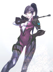 Rule 34 | 1girl, absurdres, bodysuit, breasts, center opening, cowboy shot, earrings, ekkapol, gloves, gun, hand on own hip, head-mounted display, highres, jewelry, lips, long hair, looking at viewer, medium breasts, nose, over shoulder, overwatch, overwatch 1, pale skin, ponytail, purple hair, rifle, sniper rifle, solo, stud earrings, very long hair, visor, weapon, weapon over shoulder, white background, widowmaker (overwatch), yellow eyes