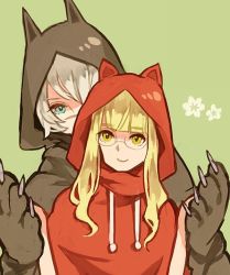 Rule 34 | 2girls, animal costume, animal ears, animal hood, bad id, bad pixiv id, big bad wolf, big bad wolf (cosplay), blonde hair, blue eyes, blunt bangs, cat ears, cloak, cosplay, flower, glasses, green background, hanna rudel, hood, little red riding hood, little red riding hood (grimm), little red riding hood (grimm) (cosplay), long hair, multiple girls, perrine h. clostermann, scar, scar on face, scar on nose, shirono kuma, simple background, smile, strike witches, strike witches: suomus misfits squadron, white hair, wolf costume, wolf ears, world witches series, yellow eyes
