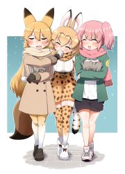 Rule 34 | 3girls, ^ ^, absurdres, animal ears, bad id, bad pixiv id, bag, baozi, black footwear, black gloves, black shorts, blonde hair, blush, brown coat, brown scarf, closed eyes, coat, commentary, cross-laced footwear, eating, elbow gloves, ezo red fox (kemono friends), facing another, facing viewer, feeding, food, fox ears, fox tail, fringe trim, frown, gloves, green jacket, grocery bag, hand on another&#039;s shoulder, high-waist skirt, highres, holding, holding bag, jacket, japari symbol, kemono friends, loafers, long hair, miniskirt, mouth hold, multiple girls, nana (kemono friends), ngetyan, open mouth, outline, outside border, pink hair, pink scarf, print gloves, print scarf, print skirt, scarf, serval (kemono friends), serval print, serval tail, shirt, shoes, shopping bag, short hair, shorts, side ponytail, skirt, sleeveless, smile, snow, standing, stone floor, sweatdrop, tail, thighhighs, white footwear, white outline, white shirt, winter clothes, yellow legwear, yellow scarf, yellow skirt