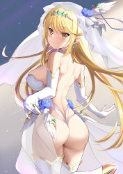 Rule 34 | 1girl, alternate costume, ass, bare shoulders, blonde hair, breasts, bridal veil, bride, cleavage, cleavage cutout, clothing cutout, daive, dress, earrings, elbow gloves, gloves, highres, jewelry, large breasts, long hair, looking back, mythra (xenoblade), ring, solo, swept bangs, thighhighs, tiara, veil, very long hair, wedding dress, white gloves, white thighhighs, wings, xenoblade chronicles (series), xenoblade chronicles 2, yellow eyes