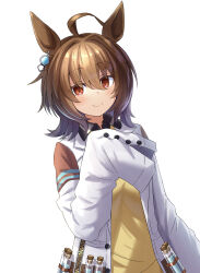 Rule 34 | 1girl, absurdres, agnes tachyon (umamusume), animal ears, black necktie, black shirt, breasts, brown hair, closed mouth, collared shirt, commentary request, dot nose, double-parted bangs, ear tag, eyes visible through hair, hair between eyes, hands up, highres, holding, holding pen, horse ears, horse girl, jacket, lab coat, lapels, light blush, looking at viewer, looking to the side, medium hair, necktie, notched lapels, open clothes, open jacket, pen, red eyes, shirt, short necktie, sidelocks, sideways glance, simple background, sleeves past fingers, sleeves past wrists, small breasts, smile, solo, sweater, teeth, umamusume, upper body, upper teeth only, white background, white jacket, yamada (c57hikaru), yellow sweater
