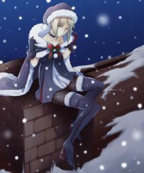Rule 34 | 1girl, artoria pendragon (all), artoria pendragon (fate), bare shoulders, black pantyhose, blonde hair, boots, cape, chimney, choker, fate/grand order, fate (series), fur-trimmed boots, fur-trimmed cape, fur trim, gloves, hat, high heel boots, high heels, highres, looking at viewer, nekoperon, pantyhose, rooftop, saber (fate), saber alter, santa alter, santa hat, snow, snowing, solo, thigh boots, thighhighs
