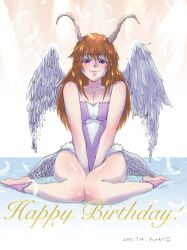 Rule 34 | 1girl, akura (arc the lad), arc the lad, arc the lad ii, barefoot, blush, breasts, cleavage, closed mouth, dated, feathered wings, feathers, full body, happy birthday, highres, horns, large breasts, leotard, long hair, looking at viewer, red hair, sannosuke, smile, solo, wings