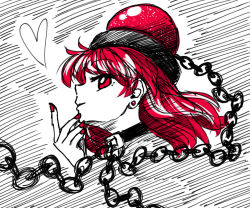 Rule 34 | 1girl, black choker, chain, choker, commentary request, earrings, from side, hand up, heart, hecatia lapislazuli, highres, jewelry, long hair, looking at viewer, nail polish, nokisakifuurin, profile, red eyes, red hair, red nails, smile, solo, stud earrings, touhou, white background