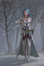 Rule 34 | 1girl, belt, blue eyes, blue hair, boots, collarbone, earrings, european clothes, fingerless gloves, fire emblem, fire emblem: path of radiance, fire emblem: radiant dawn, full body, gloves, hair over one eye, highres, holding, holding sword, holding weapon, jewelry, looking at viewer, lucia (fire emblem), necklace, nintendo, scabbard, sheath, short hair, snow, snowing, solo, sword, thigh boots, thighhighs, tree, weapon, white footwear, white gloves, white thighhighs, yagaminoue
