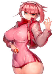 Rule 34 | 1girl, blue eyes, breasts, covered erect nipples, creatures (company), dress, earrings, fumio (rsqkr), game freak, hat, highres, holding, holding poke ball, jacket, jewelry, large breasts, lips, mollie (pokemon), nintendo, nurse cap, open hand, parted lips, pink dress, pink jacket, poke ball, poke ball (basic), pokemon, pokemon (anime), pokemon horizons, redesign, sleeveless, sleeveless dress, thick thighs, thighs, twintails, white background
