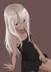 Rule 34 | 1girl, arm support, bare arms, bare shoulders, black camisole, black skirt, brown background, brown eyes, camisole, closed mouth, collarbone, colored eyelashes, commentary request, dark-skinned female, dark skin, eyebrows hidden by hair, grey hair, highres, leaning back, looking at viewer, original, pleated skirt, simple background, sitting, skirt, smile, solo, yamamoto souichirou