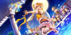 Rule 34 | 1girl, anklet, middle eastern architecture, arabian clothes, artist request, bare shoulders, barefoot, cat, crop top, detached sleeves, earrings, flower, full moon, harem outfit, highres, hoshizora rin, jewelry, looking at viewer, looking back, love live!, love live! school idol festival, love live! school idol festival all stars, love live! school idol project, midriff, moon, night, official art, open mouth, orange hair, puffy detached sleeves, puffy short sleeves, puffy sleeves, shirt, short hair, short sleeves, skirt, smile, solo, standing, standing on one leg, strapless, thigh strap, vase, veil, wading, water, yellow eyes, yellow shirt