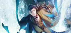 Rule 34 | 1boy, black hair, bow, bowtie, falling, fate/grand order, fate (series), formal, game cg, gloves, green eyes, hair slicked back, jacket, long sleeves, looking at viewer, male focus, official art, sherlock holmes (fate), shirt, short hair, smile, solo, suit, water, yamanaka kotetsu