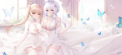Rule 34 | 2girls, absurdres, alternate costume, asymmetrical docking, azur lane, blonde hair, blue butterfly, blue eyes, breast press, breasts, bridal veil, bug, butterfly, center opening, cleavage, corset, cowboy shot, detached collar, dress, elbow gloves, flower, formidable (azur lane), garter straps, gloves, hair flower, hair ornament, halter dress, halterneck, highres, illustrious (azur lane), illustrious (morning star of love and hope) (azur lane), indoors, insect, lace, lace-trimmed dress, lace trim, large breasts, long dress, long hair, looking at viewer, multiple girls, nanoda002 (saber427), official alternate costume, orange eyes, rose, skirt hold, thighhighs, tiara, tri tails, twintails, veil, wedding dress, white corset, white dress, white flower, white garter straps, white gloves, white hair, white rose, white theme, white thighhighs, window