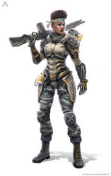 Rule 34 | 1girl, alternate costume, apex legends, armor, bangalore (apex legends), black eyes, brown hair, brown scarf, camouflage, camouflage pants, commentary, dark-skinned female, dark skin, english commentary, full body, g7 scout, gloves, grey gloves, gun, highres, holding, holding gun, holding weapon, looking to the side, michal salata, over shoulder, pants, realistic, rifle, scarf, science fiction, shadow, short hair, solo, weapon, weapon over shoulder, white background