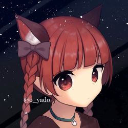 Rule 34 | 1girl, animal ear fluff, animal ears, blunt bangs, bow, braid, brown bow, cat ears, choker, dark background, expressionless, extra ears, eyebrows hidden by hair, green choker, hair bow, kaenbyou rin, light particles, long hair, looking at viewer, pointy ears, portrait, red eyes, red hair, simple background, solo, touhou, twin braids, twintails, yadoyuki