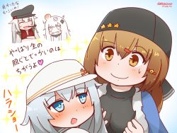 Rule 34 | + +, 4girls, ^ ^, abyssal ship, bandaid, blue eyes, blue shawl, blush, blush stickers, grabbing another&#039;s breast, brown hair, closed eyes, crossed arms, fur hat, gangut (kancolle), grabbing, hair ornament, hairclip, hammer and sickle, hat, hibiki (kancolle), horns, jacket, jacket on shoulders, kantai collection, long hair, mitchell (dynxcb25), multiple girls, northern little sister, papakha, pipe in mouth, purple eyes, shawl, smoking pipe, sparkle, tashkent (kancolle), tears, upper body, verniy (kancolle), white hair