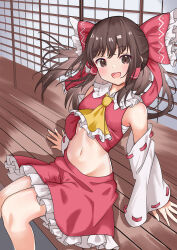 Rule 34 | 1girl, absurdres, arm support, ascot, bare legs, blush, bow, brown hair, chest sarashi, collar, cropped shirt, detached sleeves, feet out of frame, floating hair, frilled bow, frilled collar, frills, hair bow, hair tubes, hakurei reimu, highres, japanese clothes, looking at viewer, midriff, miko, navel, on floor, red shirt, red skirt, saimu taju, sarashi, shirt, sitting, skirt, sleeveless, sleeveless shirt, smile, solo, stomach, touhou, wooden floor, yellow ascot