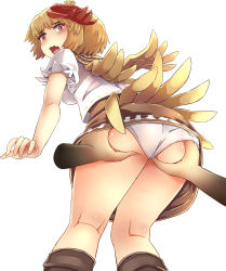 Rule 34 | 1girl, 1other, ass, ass grab, blonde hair, blush, breasts, disembodied limb, from behind, from below, groping, hand in panties, highres, houshiruri, looking down, molestation, niwatari kutaka, open mouth, panties, shirt, solo focus, standing, tears, touhou, underwear, white background, white panties, white shirt, wily beast and weakest creature, wings