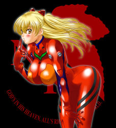 Rule 34 | 1girl, alternate breast size, blonde hair, blue eyes, bodysuit, breasts, covered erect nipples, curvy, eyes visible through hair, from side, hair between eyes, hair ornament, hand on own hip, huge breasts, kamia (not found), long hair, looking at viewer, neon genesis evangelion, pilot suit, plugsuit, red bodysuit, shiny clothes, simple background, skin tight, solo, souryuu asuka langley, standing, turtleneck