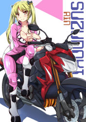 Rule 34 | 10s, 1girl, bakuon!!, bell, biker clothes, bikesuit, blonde hair, blush, bodysuit, breasts, character name, cleavage, full body, hair bell, hair ornament, hand on own chest, highres, large breasts, long hair, looking at viewer, motor vehicle, motorcycle, orange eyes, sheita, smile, solo, suzuki (company), suzunoki rin, twintails, vehicle