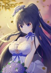 Rule 34 | 1girl, :o, absurdres, ahoge, bare shoulders, black hair, blue eyes, blue flower, blue ribbon, blue rose, blunt bangs, blush, bouquet, braid, breasts, chinese commentary, cleavage, collarbone, commentary request, diaoyidimaomao, dress, flower, frilled dress, frills, hair flower, hair ornament, hand on own chest, highres, holding, holding bouquet, honkai (series), honkai impact 3rd, large breasts, long hair, one side up, parted lips, raiden mei, raiden mei (valkyrie bladestrike), ribbon, rose, side braid, signature, solo, straight hair, strapless, strapless dress, very long hair, white dress