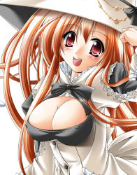 Rule 34 | 1girl, blush, breasts, cleavage, covered erect nipples, hat, huge breasts, kamiya tomoe, long hair, open mouth, orange hair, red eyes, smile, solo, very long hair, witch hat