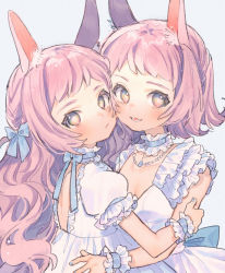 Rule 34 | 2girls, :d, animal ear fluff, animal ears, blue bow, blue choker, blush, bow, braid, brown eyes, rabbit ears, choker, closed mouth, collarbone, commentary, dress, frilled choker, frills, grey background, hair bow, highres, hug, jewelry, kouhara yuyu, long hair, looking at viewer, looking back, multiple girls, open mouth, original, pendant, pink hair, puffy short sleeves, puffy sleeves, short sleeves, simple background, sleeveless, sleeveless dress, smile, symbol-only commentary, very long hair, white dress, wrist cuffs